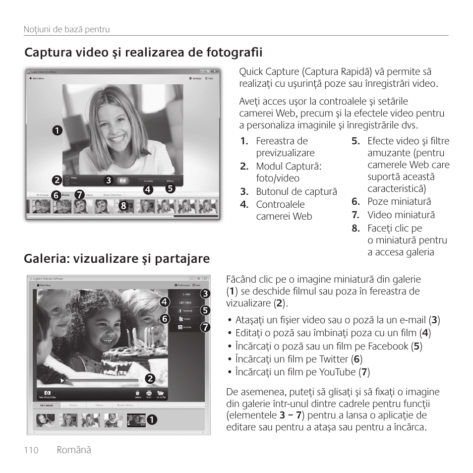 Captura video şi realizarea de fotografii, Galeria: vizualizare şi partajare | Logitech C170 User Manual | Page 110 / 204