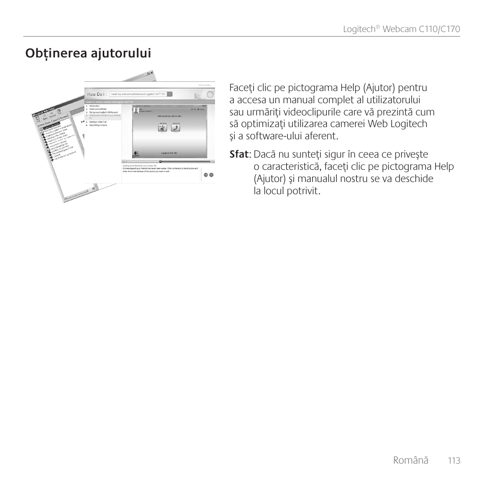 Obţinerea ajutorului | Logitech C170 User Manual | Page 113 / 204