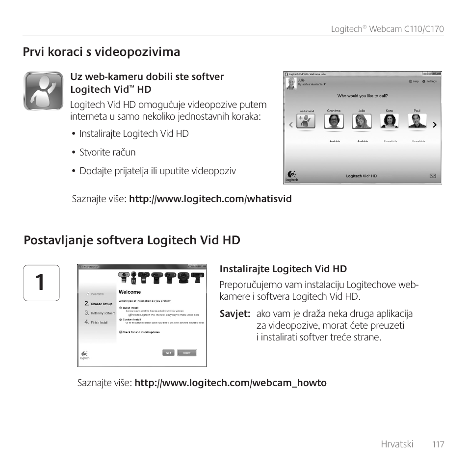 Prvi koraci s videopozivima, Postavljanje softvera logitech vid hd | Logitech C170 User Manual | Page 117 / 204