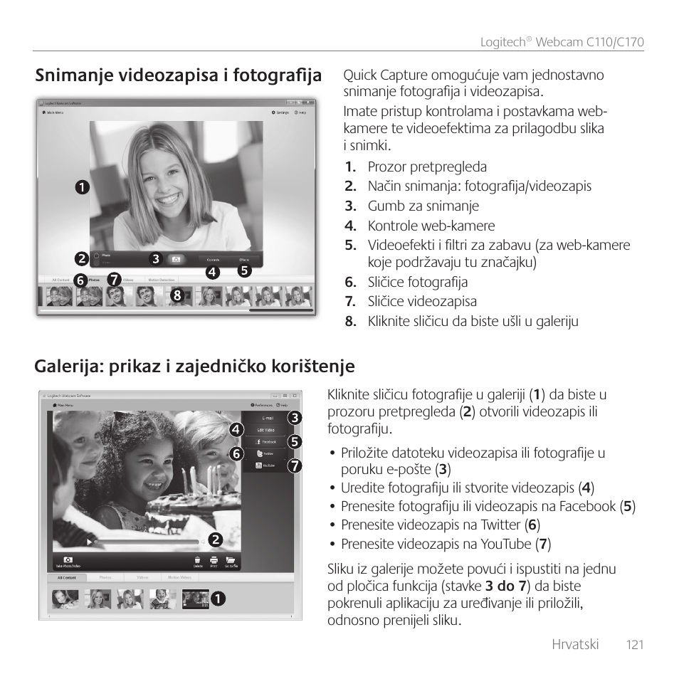 Snimanje videozapisa i fotografija, Galerija: prikaz i zajedničko korištenje | Logitech C170 User Manual | Page 121 / 204