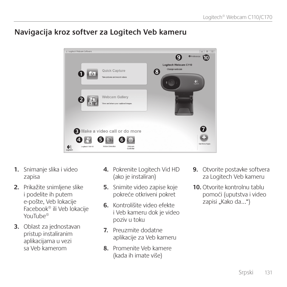 Navigacija kroz softver za logitech veb kameru | Logitech C170 User Manual | Page 131 / 204