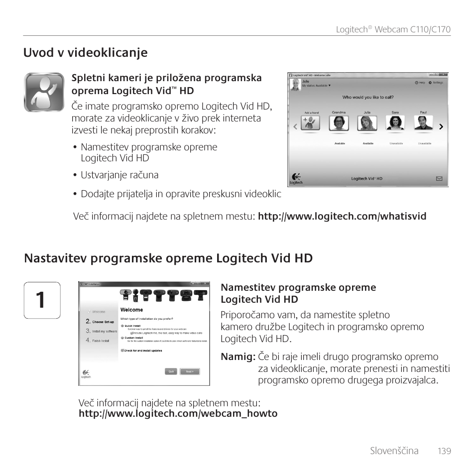 Uvod v videoklicanje, Nastavitev programske opreme logitech vid hd | Logitech C170 User Manual | Page 139 / 204