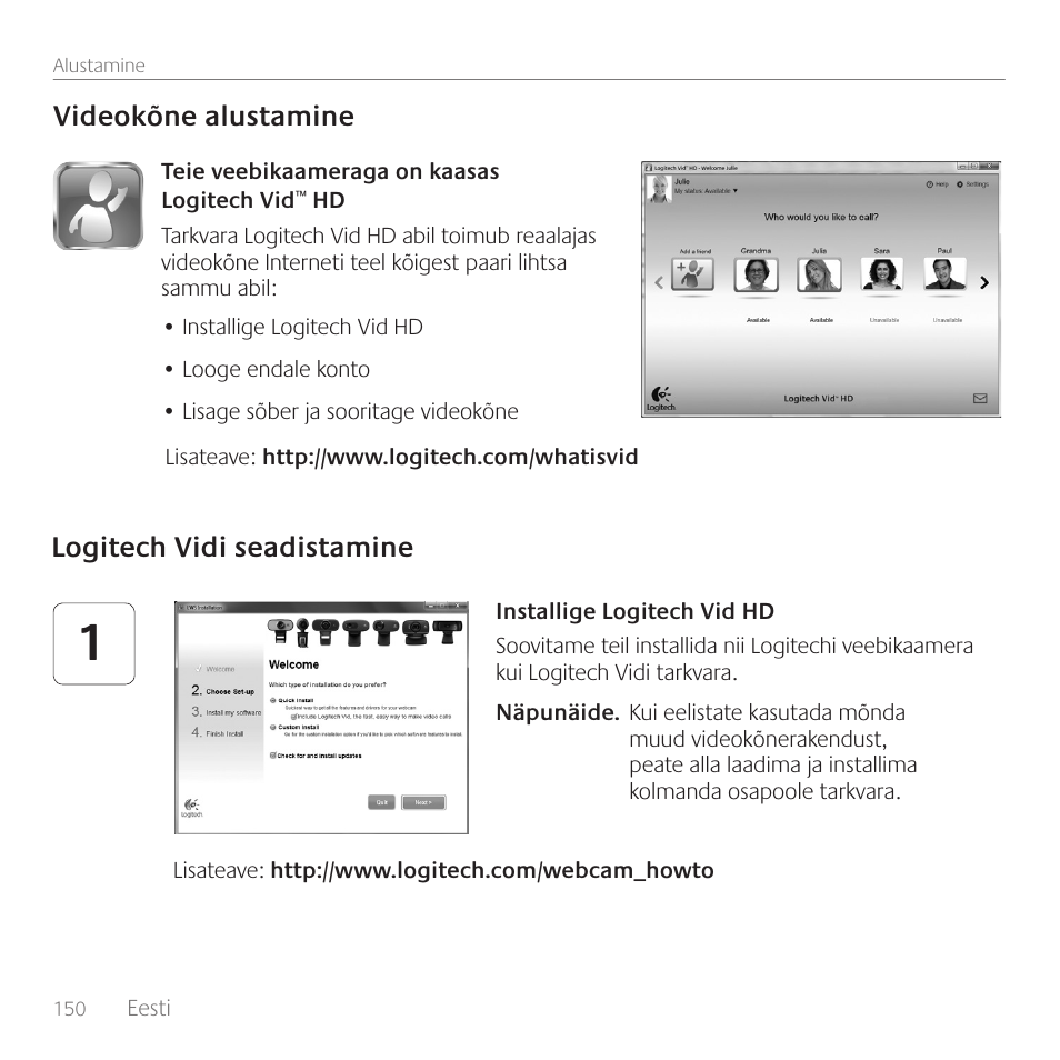 Videokõne alustamine, Logitech vidi seadistamine | Logitech C170 User Manual | Page 150 / 204