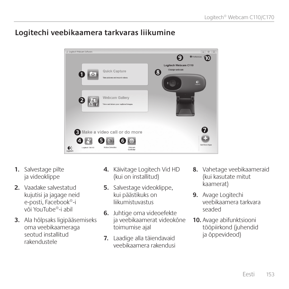 Logitechi veebikaamera tarkvaras liikumine | Logitech C170 User Manual | Page 153 / 204