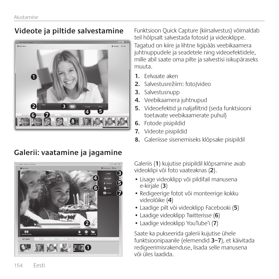 Videote ja piltide salvestamine, Galerii: vaatamine ja jagamine | Logitech C170 User Manual | Page 154 / 204