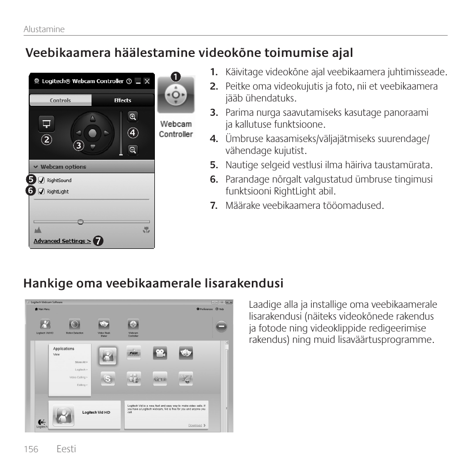 Veebikaamera häälestamine videokõne toimumise ajal, Hankige oma veebikaamerale lisarakendusi | Logitech C170 User Manual | Page 156 / 204