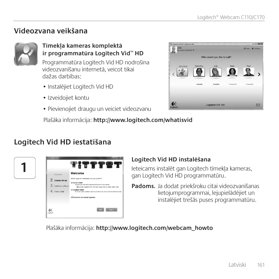 Videozvana veikšana, Logitech vid hd iestatīšana | Logitech C170 User Manual | Page 161 / 204