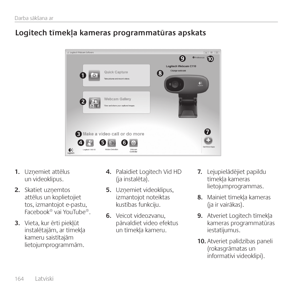 Logitech tīmekļa kameras programmatūras apskats | Logitech C170 User Manual | Page 164 / 204