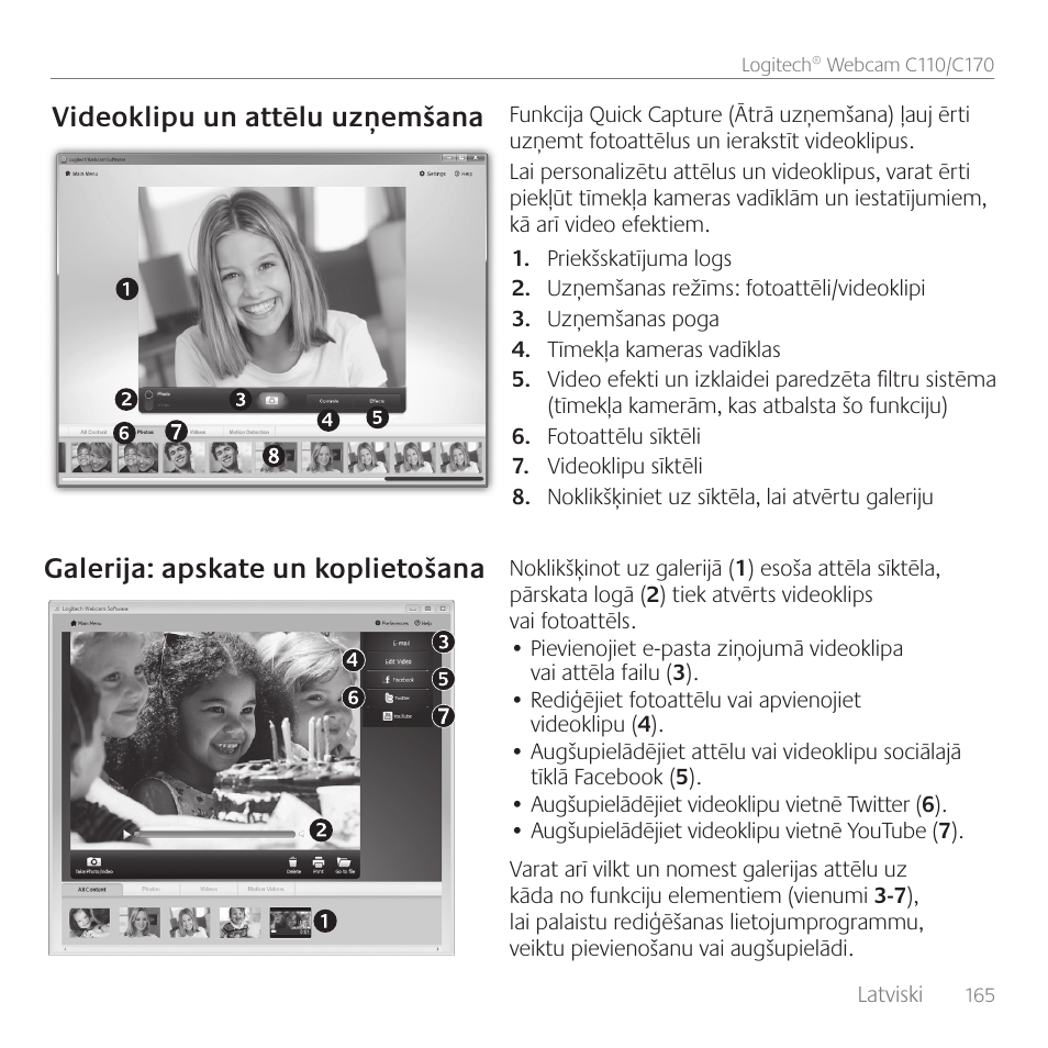 Videoklipu un attēlu uzņemšana, Galerija: apskate un koplietošana | Logitech C170 User Manual | Page 165 / 204