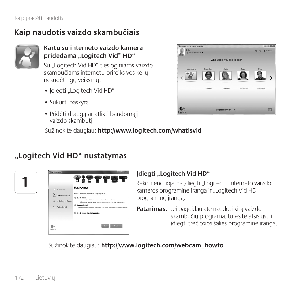 Kaip naudotis vaizdo skambučiais, Logitech vid hd“ nustatymas | Logitech C170 User Manual | Page 172 / 204