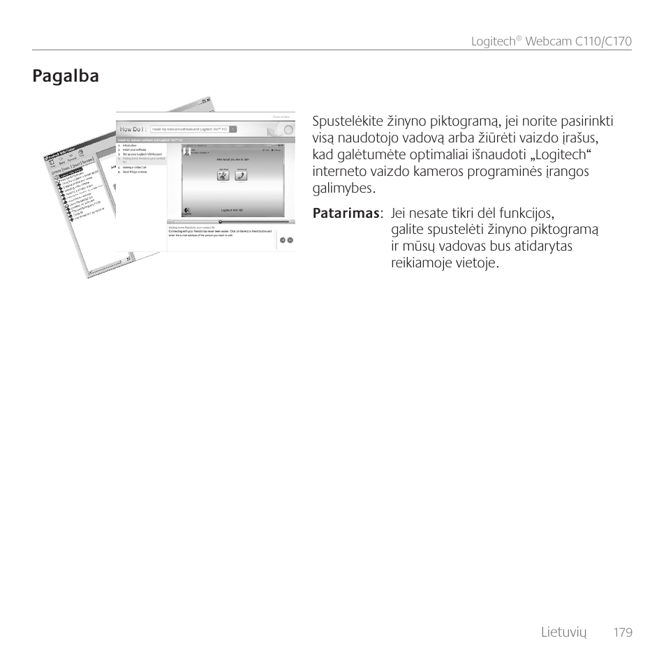 Pagalba | Logitech C170 User Manual | Page 179 / 204