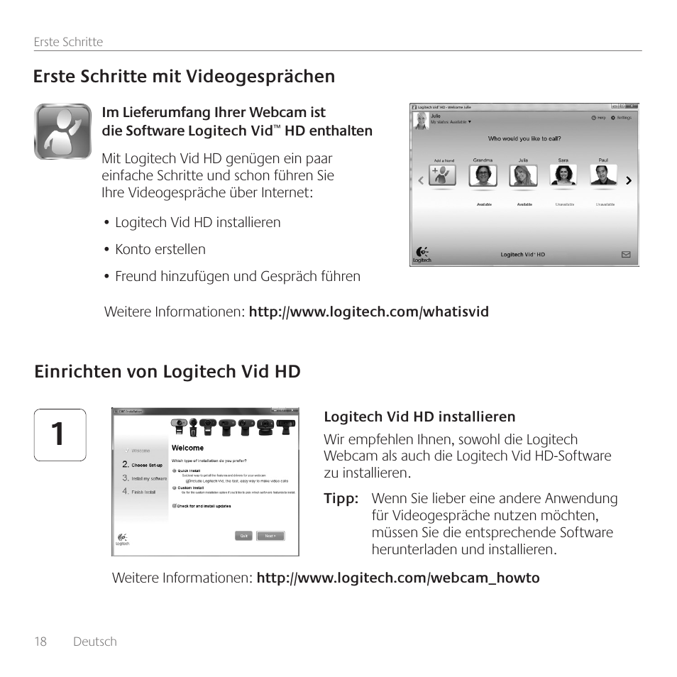 Erste schritte mit videogesprächen, Einrichten von logitech vid hd | Logitech C170 User Manual | Page 18 / 204