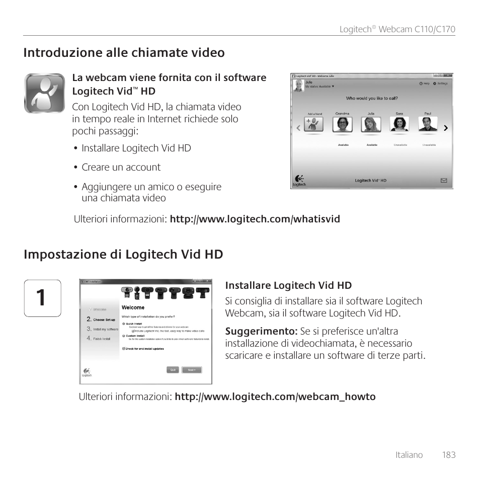 Impostazione di logitech vid hd, Introduzione alle chiamate video | Logitech C170 User Manual | Page 183 / 204