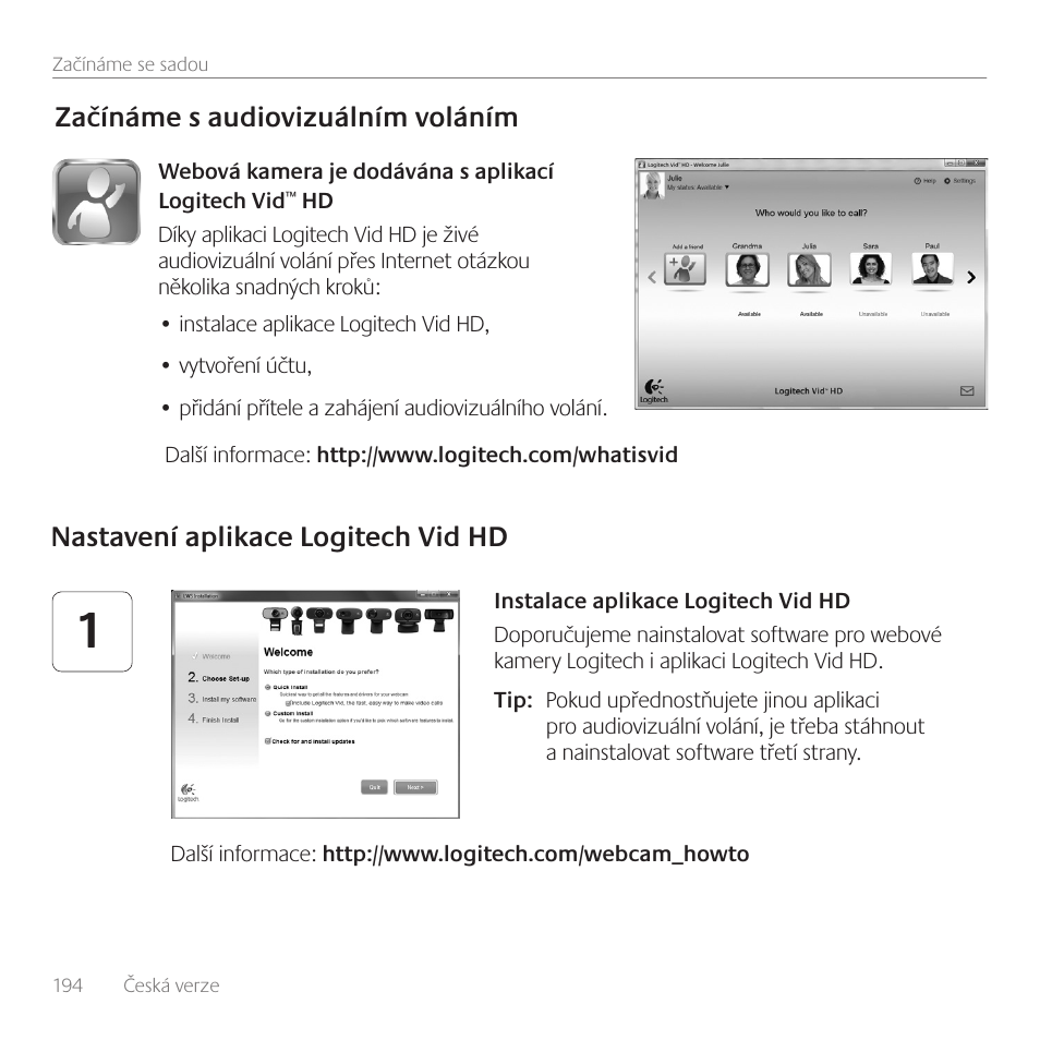 Začínáme s audiovizuálním voláním, Nastavení aplikace logitech vid hd | Logitech C170 User Manual | Page 194 / 204