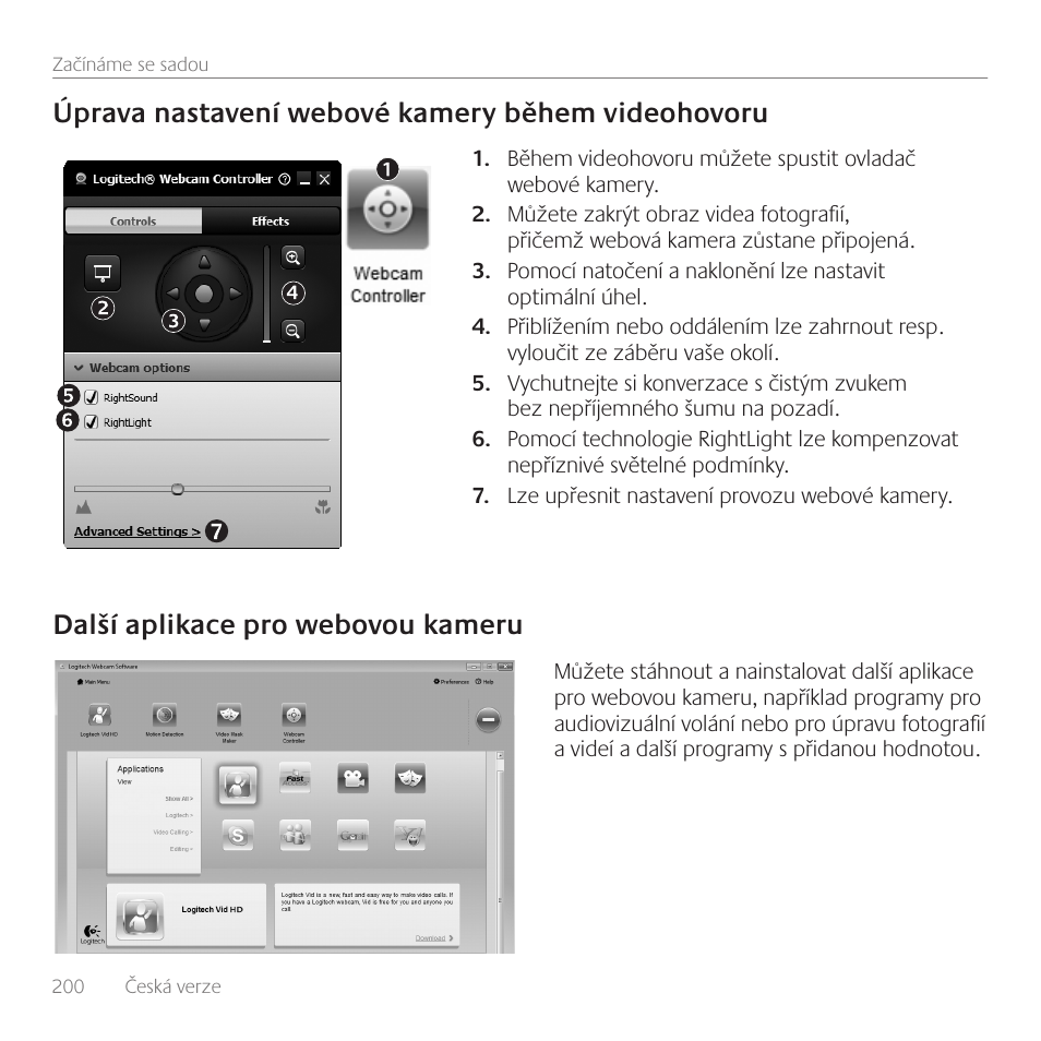 Úprava nastavení webové kamery během videohovoru, Další aplikace pro webovou kameru | Logitech C170 User Manual | Page 200 / 204