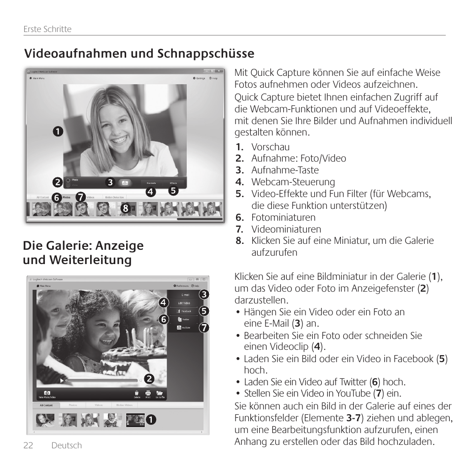 Videoaufnahmen und schnappschüsse, Die galerie: anzeige und weiterleitung | Logitech C170 User Manual | Page 22 / 204