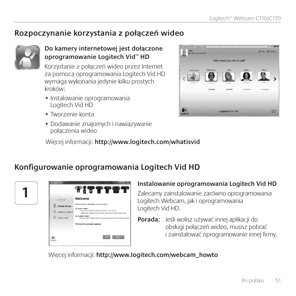 Rozpoczynanie korzystania z połączeń wideo, Konfigurowanie oprogramowania logitech vid hd | Logitech C170 User Manual | Page 51 / 204