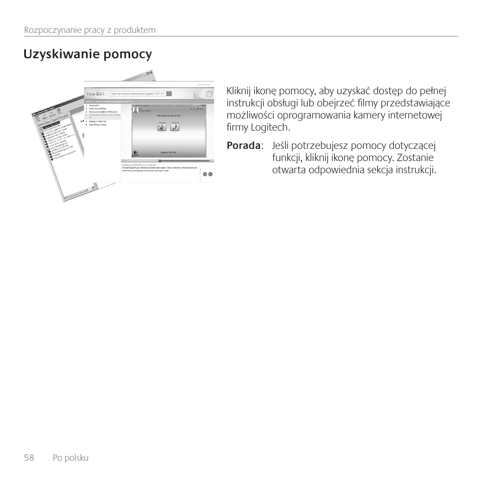 Uzyskiwanie pomocy | Logitech C170 User Manual | Page 58 / 204