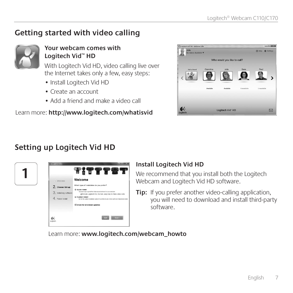 Setting up logitech vid hd, Getting started with video calling | Logitech C170 User Manual | Page 7 / 204