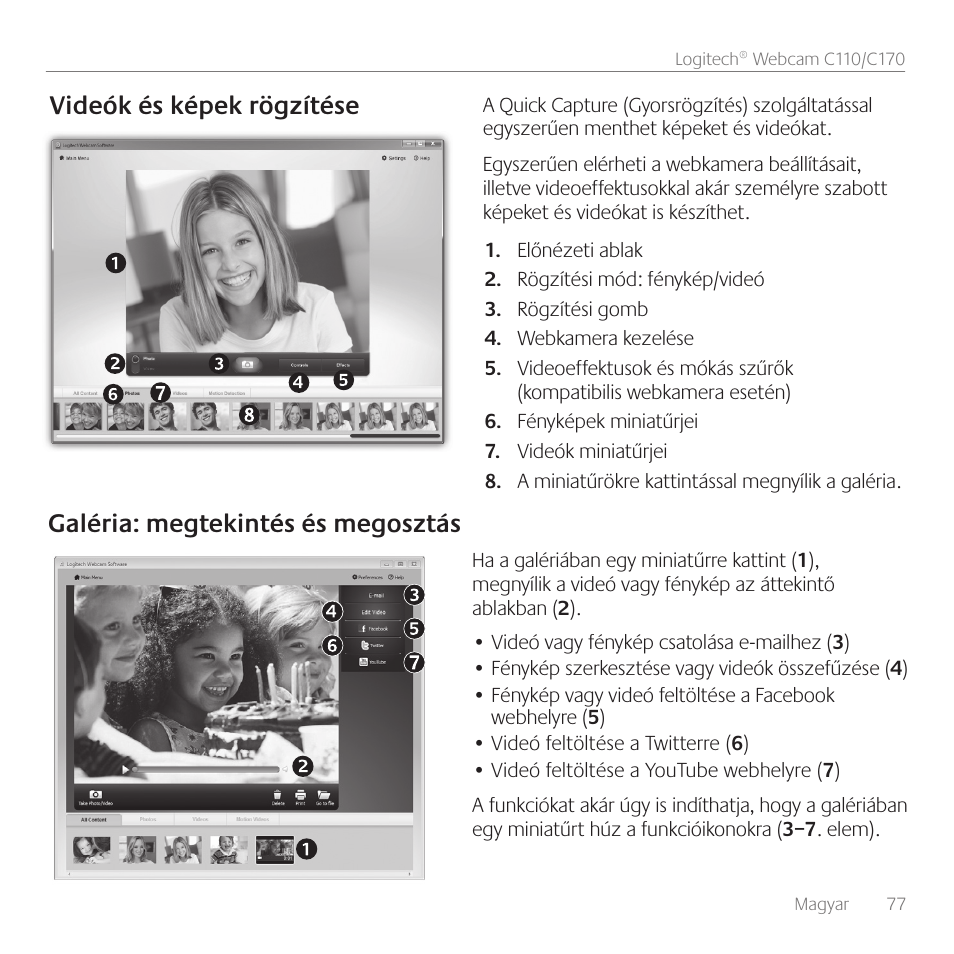 Videók és képek rögzítése, Galéria: megtekintés és megosztás | Logitech C170 User Manual | Page 77 / 204