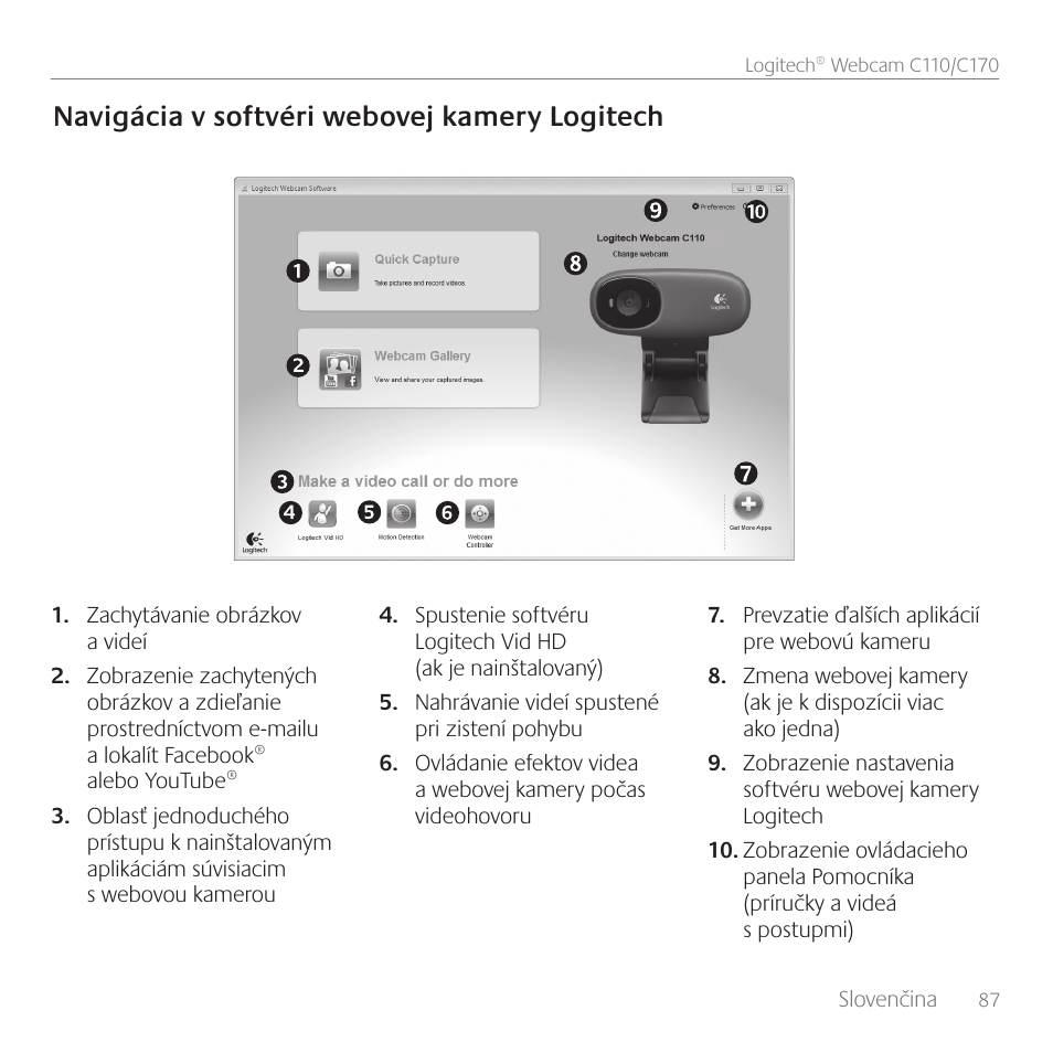 Navigácia v softvéri webovej kamery logitech | Logitech C170 User Manual | Page 87 / 204