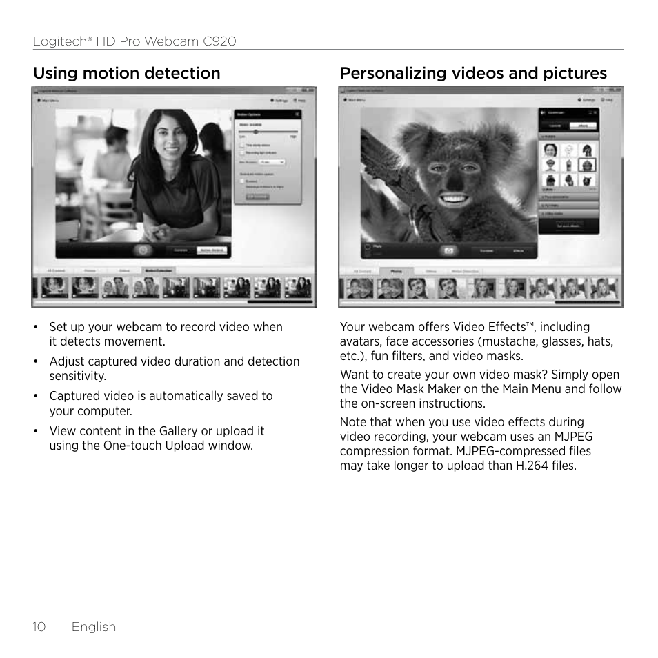 Using motion detection, Personalizing videos and pictures | Logitech HD Pro C920 User Manual | Page 10 / 24