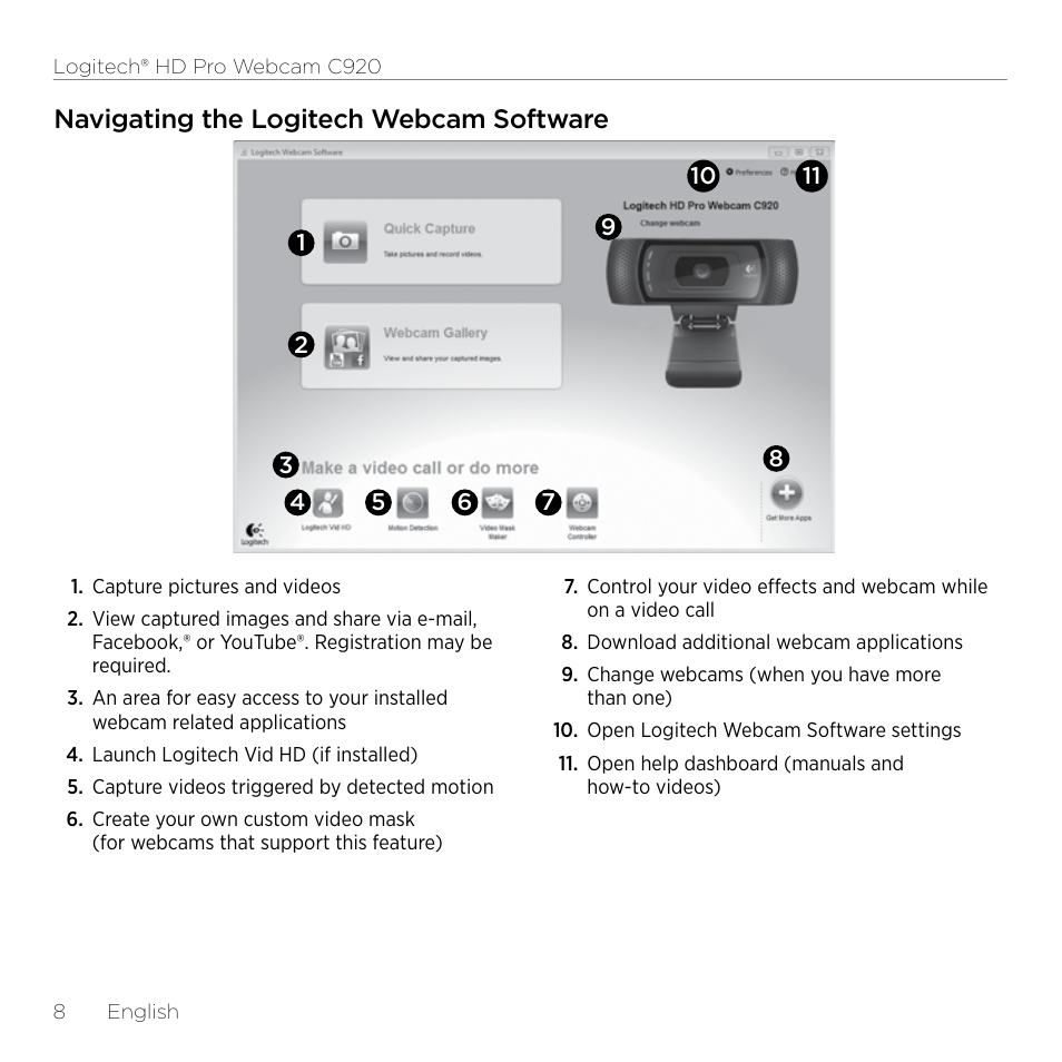 Navigating the logitech webcam software | Logitech HD Pro C920 User Manual | Page 8 / 24