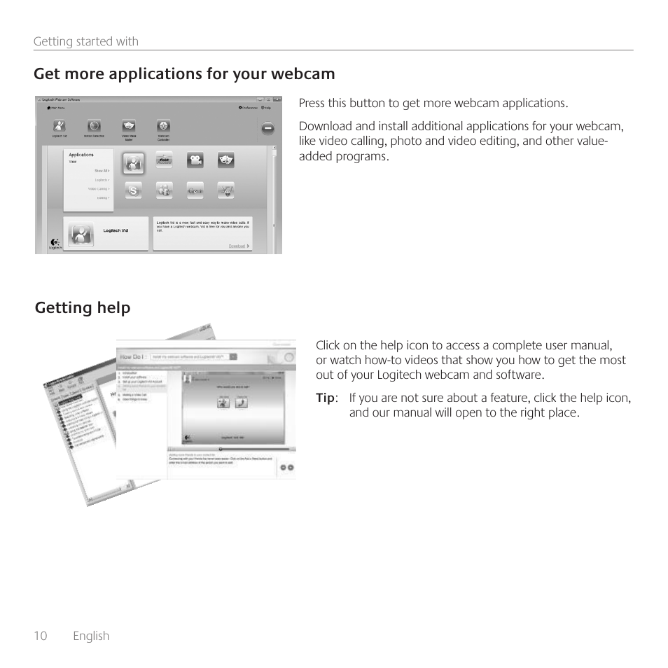 Get more applications for your webcam, Getting help | Logitech C160 User Manual | Page 10 / 36