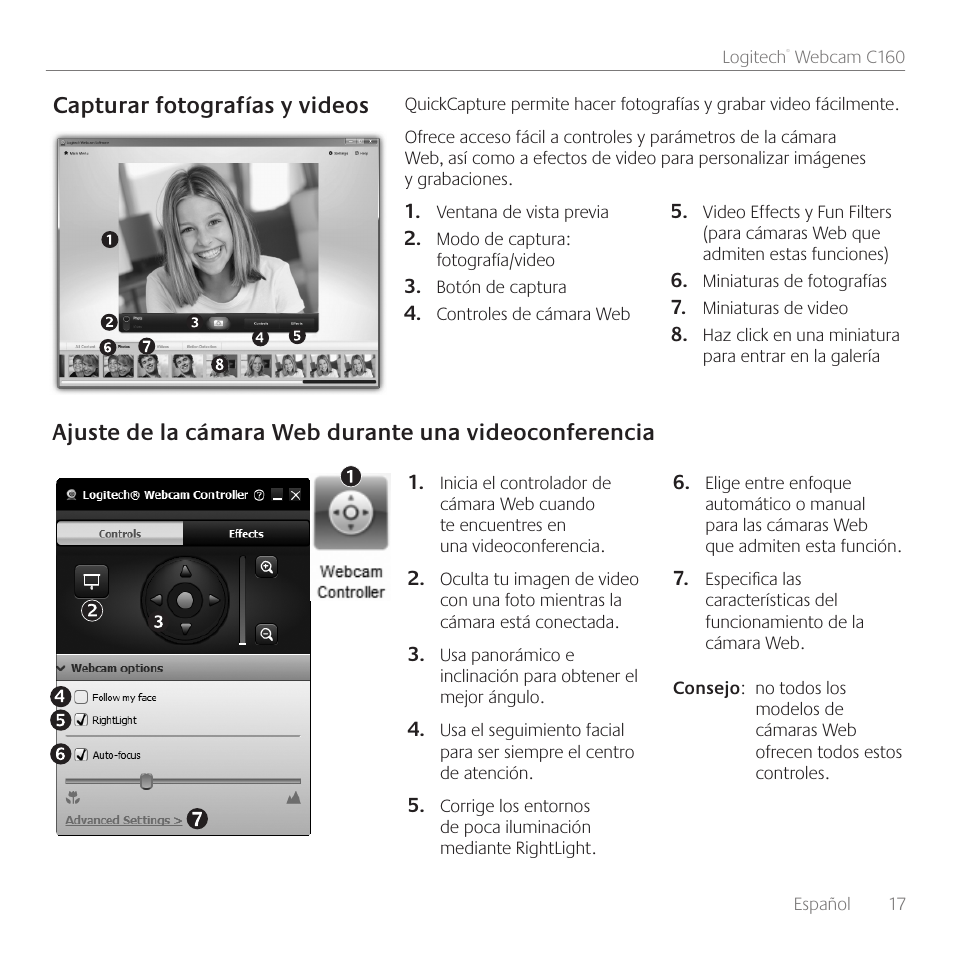 Capturar fotografías y videos | Logitech C160 User Manual | Page 17 / 36