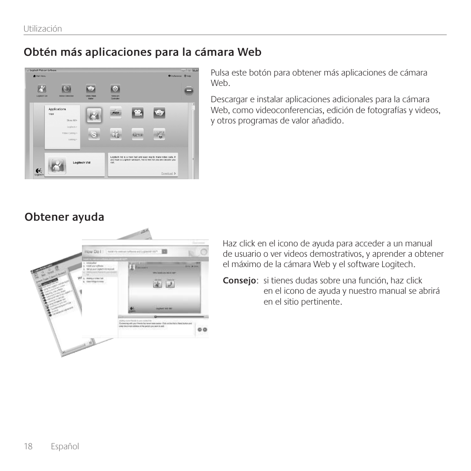 Obtén más aplicaciones para la cámara web, Obtener ayuda | Logitech C160 User Manual | Page 18 / 36