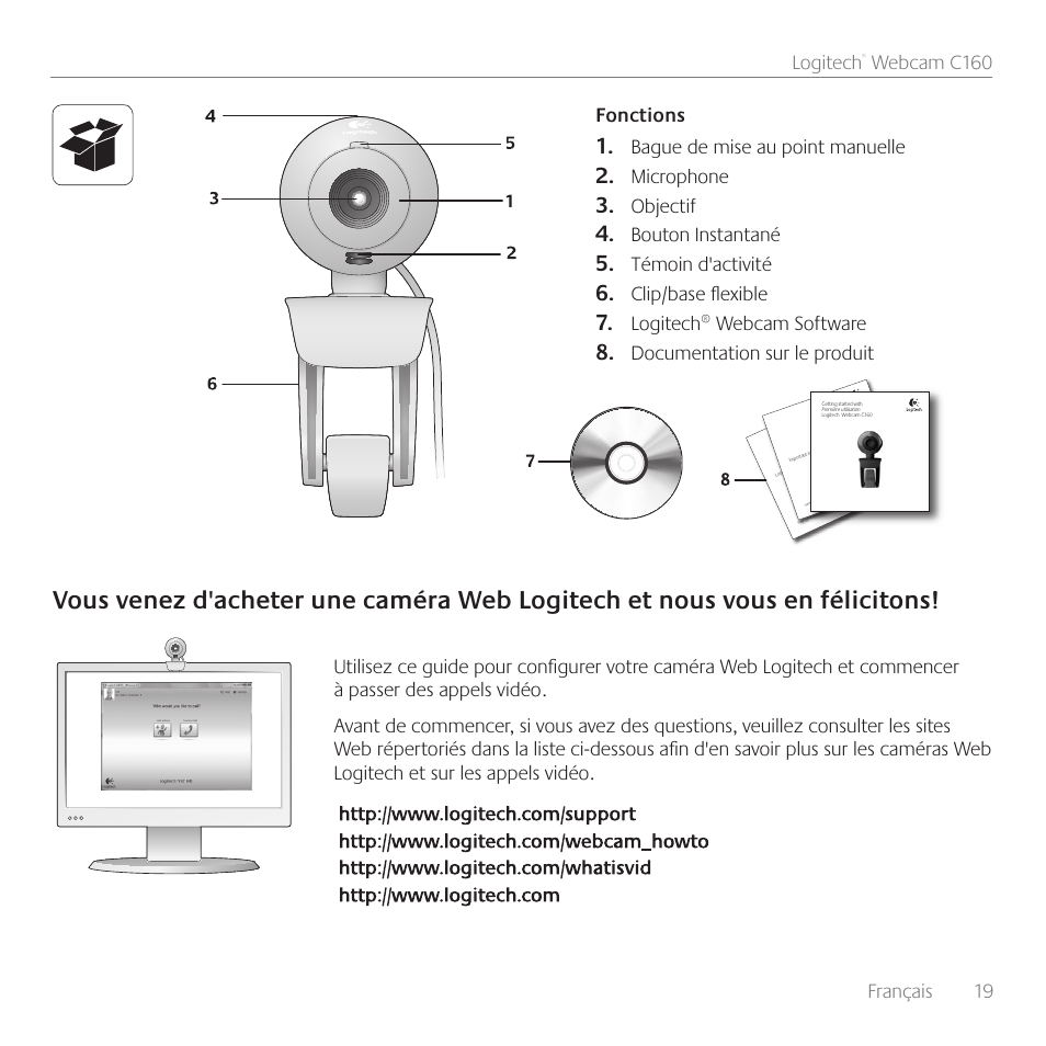 Français 19 logitech, Webcam c160, Fonctions bague de mise au point manuelle | Microphone, Objectif, Bouton instantané, Témoin d'activité, Clip/base flexible, Logitech® webcam software, Documentation sur le produit | Logitech C160 User Manual | Page 19 / 36