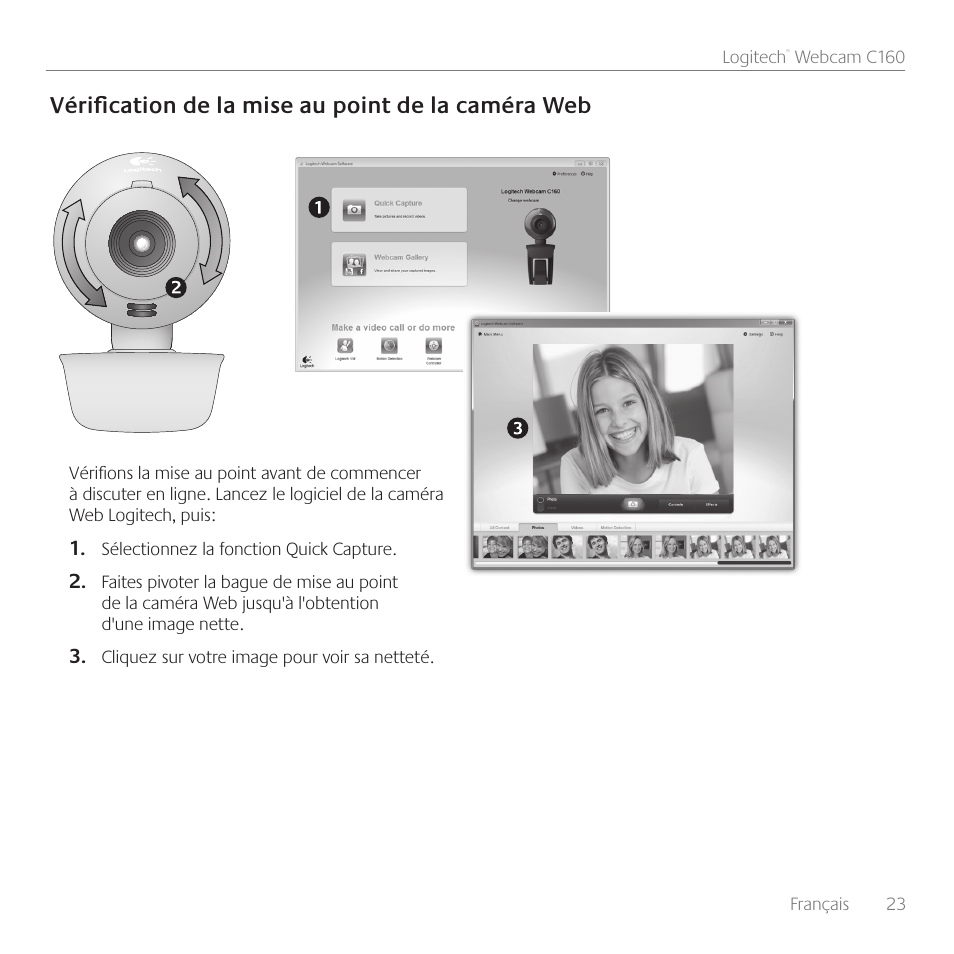 Vérification de la mise au point de la caméra web | Logitech C160 User Manual | Page 23 / 36