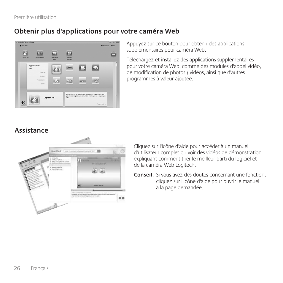 Obtenir plus d'applications pour votre caméra web, Assistance | Logitech C160 User Manual | Page 26 / 36