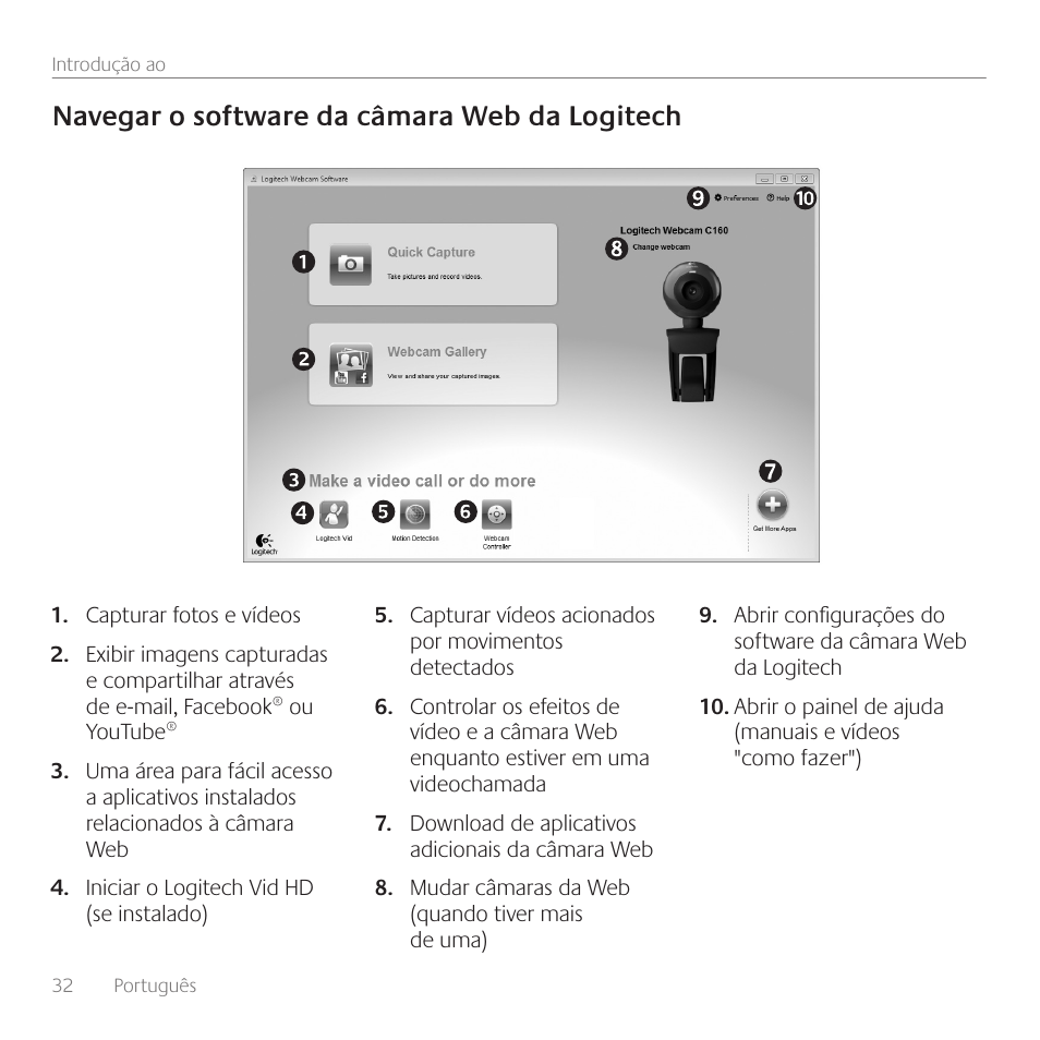 Navegar o software da câmara web da logitech | Logitech C160 User Manual | Page 32 / 36