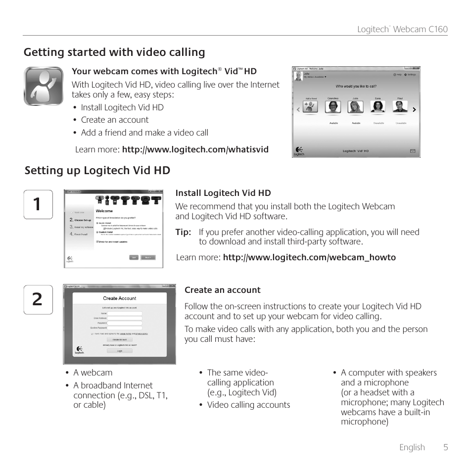 Getting started with video calling, Setting up logitech vid hd | Logitech C160 User Manual | Page 5 / 36