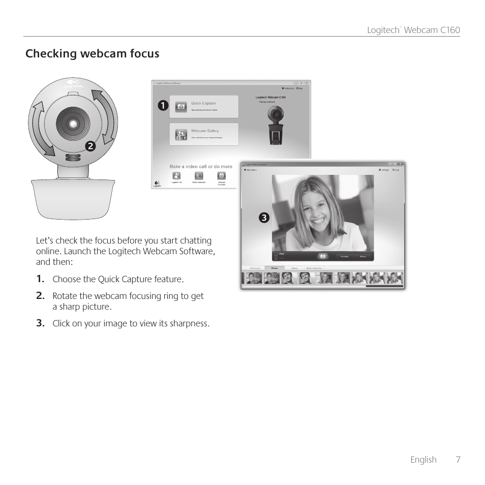 Checking webcam focus | Logitech C160 User Manual | Page 7 / 36