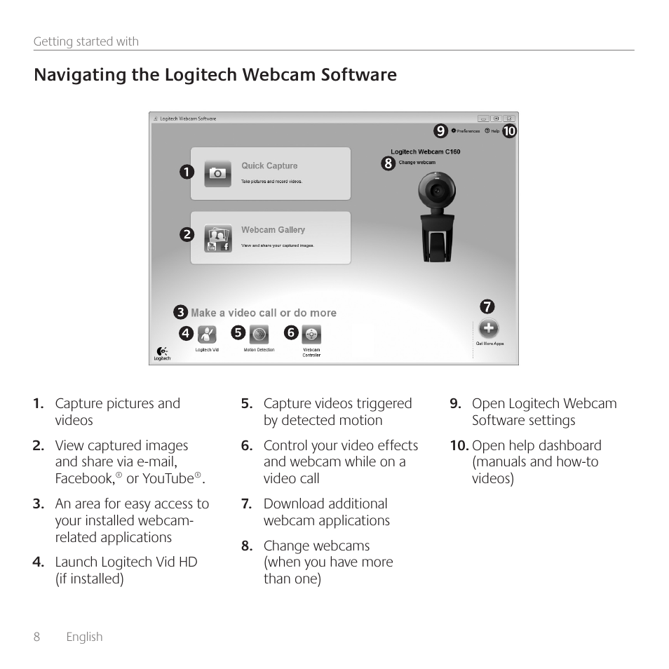 Navigating the logitech webcam software | Logitech C160 User Manual | Page 8 / 36