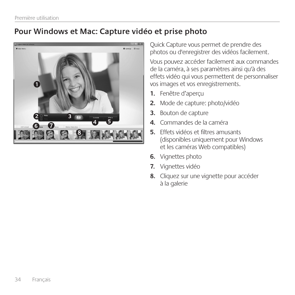 Pour windows et mac: capture vidéo et prise photo | Logitech C615 User Manual | Page 34 / 52