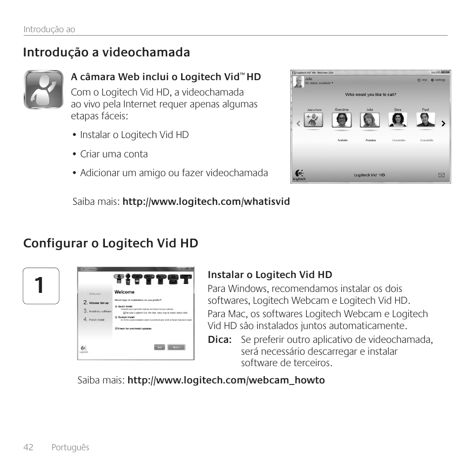 Introdução a videochamada, Configurar o logitech vid hd | Logitech C615 User Manual | Page 42 / 52