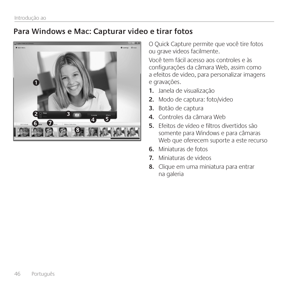 Para windows e mac: capturar video e tirar fotos | Logitech C615 User Manual | Page 46 / 52