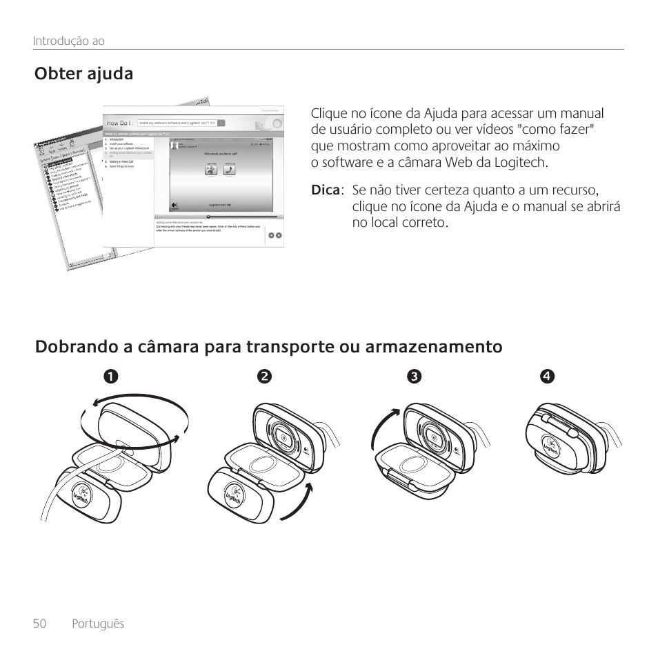 Obter ajuda, Dobrando a câmara para transporte ou armazenamento | Logitech C615 User Manual | Page 50 / 52