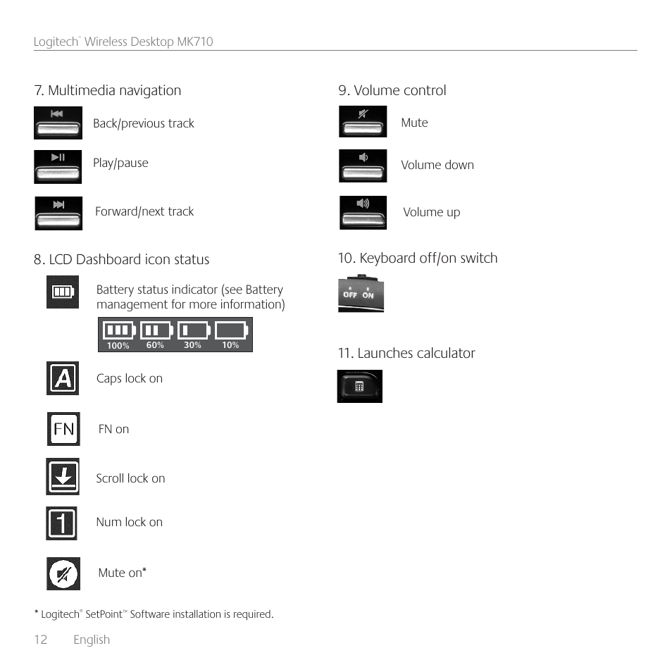 Volume control, Lcd dashboard icon status, Multimedia navigation | Keyboard off/on switch 11. launches calculator | Logitech Wireless Desktop MK710 User Manual | Page 12 / 76