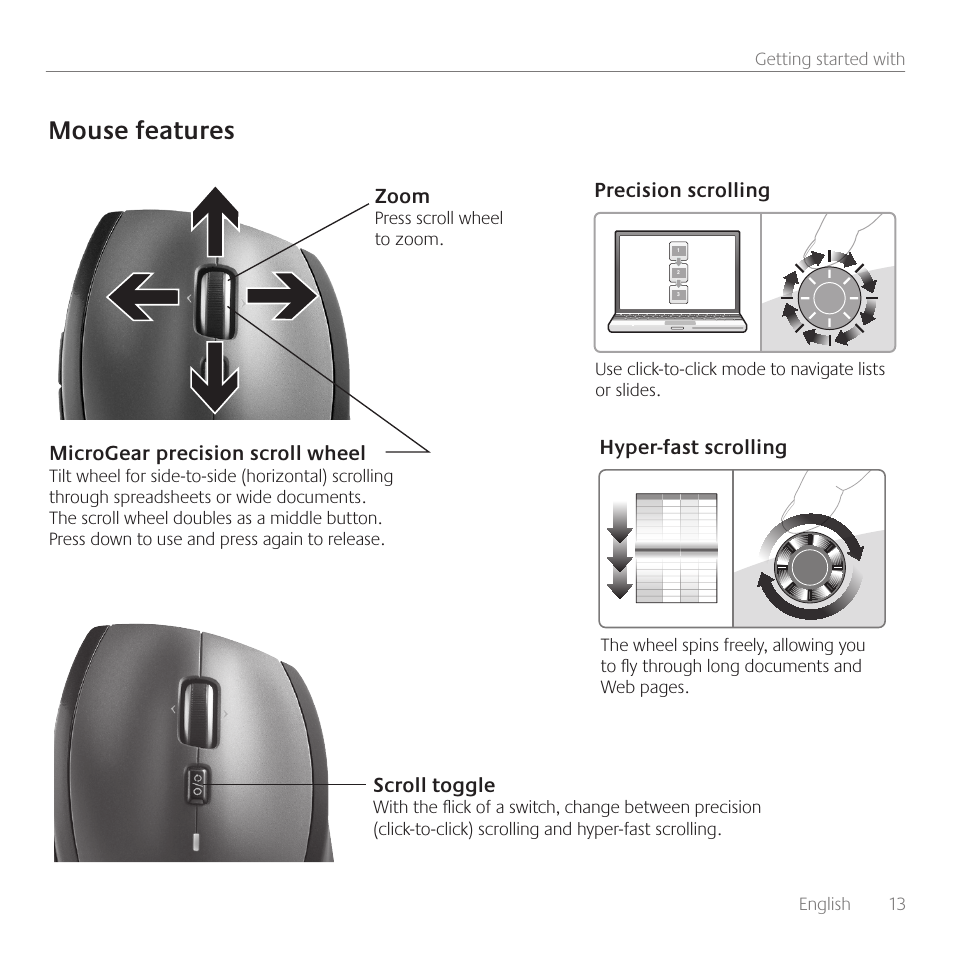 Mouse features, Scroll toggle, Precision scrolling hyper-fast scrolling | Microgear precision scroll wheel, Zoom | Logitech Wireless Desktop MK710 User Manual | Page 13 / 76