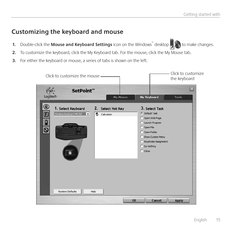 Customizing the keyboard and mouse | Logitech Wireless Desktop MK710 User Manual | Page 15 / 76