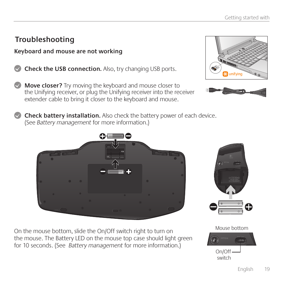 Troubleshooting | Logitech Wireless Desktop MK710 User Manual | Page 19 / 76