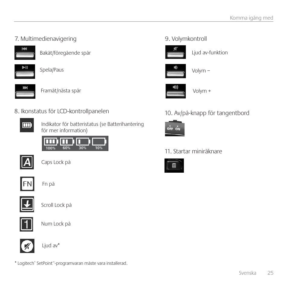 Volymkontroll, Ikonstatus för lcd-kontrollpanelen, Multimedienavigering | Logitech Wireless Desktop MK710 User Manual | Page 25 / 76