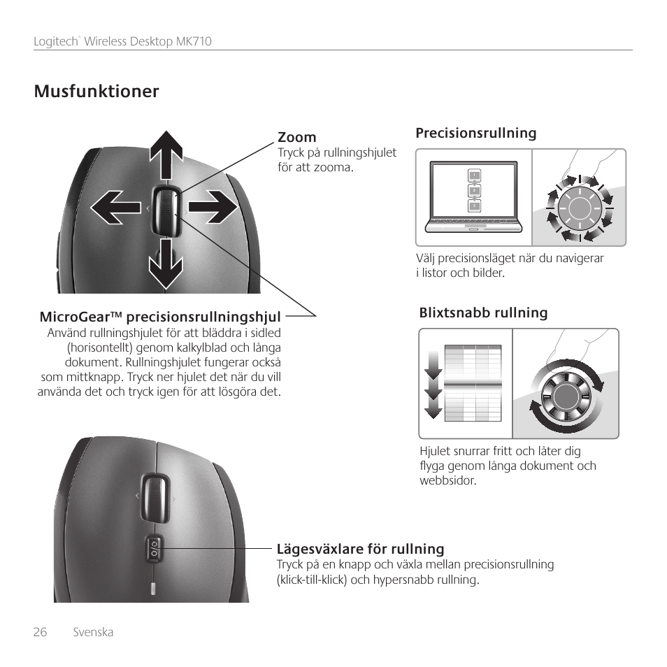 Musfunktioner, Lägesväxlare för rullning, Precisionsrullning blixtsnabb rullning | Microgear™ precisionsrullningshjul, Zoom | Logitech Wireless Desktop MK710 User Manual | Page 26 / 76