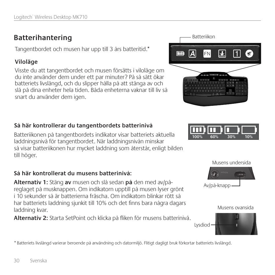 Batterihantering | Logitech Wireless Desktop MK710 User Manual | Page 30 / 76