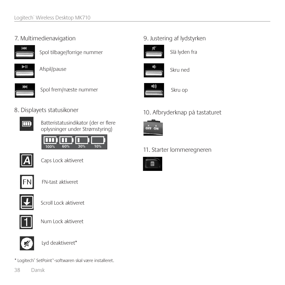 Justering af lydstyrken, Displayets statusikoner, Multimedienavigation | Logitech Wireless Desktop MK710 User Manual | Page 38 / 76