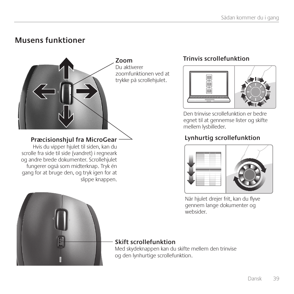 Musens funktioner, Skift scrollefunktion, Trinvis scrollefunktion lynhurtig scrollefunktion | Præcisionshjul fra microgear, Zoom | Logitech Wireless Desktop MK710 User Manual | Page 39 / 76